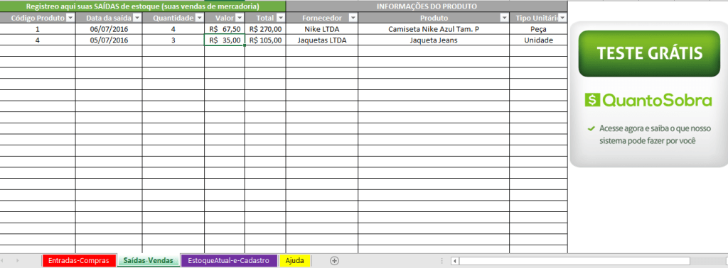 Planilha de controle de estoque Excel grátis para baixar